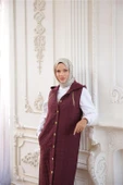 Kapşonlu Çıtçıtlı Kolsuz Cepli Uzun Kapitone Yelek - (38-46) - 71195 - Bordo - 4