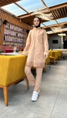 Fermuarlı Kapşonlu Dantel Desenli Tunik Pantolon İkili Spor Takım - (38-46) - 71158 - Bej thumbnail 1