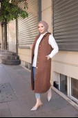 Kapşonlu Çıtçıtlı Kolsuz Cepli Uzun Kapitone Yelek - (38-46) - 71195 - Kahverengi - 9