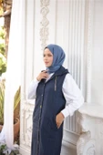 Kapşonlu Çıtçıtlı Kolsuz Cepli Uzun Kapitone Yelek - (38-46) - 71195 - Lacivert - 4