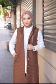 Kapşonlu Çıtçıtlı Kolsuz Cepli Uzun Kapitone Yelek - (38-46) - 71195 - Kahverengi - 11