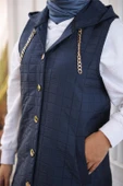 Kapşonlu Çıtçıtlı Kolsuz Cepli Uzun Kapitone Yelek - (38-46) - 71195 - Lacivert - 6