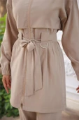 Balıkçı Yaka Belden Bağcıklı Fermuarlı İkili Tesettür Eşofman Takımı - (38-46) - 71301 - Bej thumbnail 5