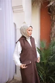 Kapşonlu Fermuarlı Cepli Kolsuz Önden Cepli Kapitone Uzun Yelek - (38-46) - 71309 - Kahverengi - 8
