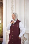Kapşonlu Çıtçıtlı Kolsuz Cepli Uzun Kapitone Yelek - (38-46) - 71195 - Bordo - 5