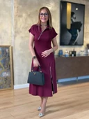Kadın Kısa Kollu Yakadan Ve Etekten Fermuarlı Midi Viskon Iki Iplik Elbise thumbnail 1