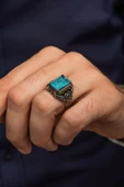 Mavi  Paraiba Taşlı Kare 925 Gümüş Erkek Yüzük thumbnail 5
