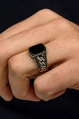 Siyah Oniks Taşlı Gurmet Zincir Motifli 925 Erkek Gümüş Yüzük thumbnail 1
