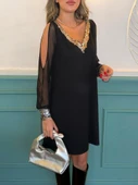 Kadın Siyah Uzun Kollu Kollar Tül Yırtmaçlı V Yakalı Kısa Krep Elbise thumbnail 5