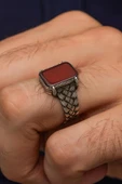 Kare Akik Taşlı Kazaz Örgü Motif 925 Gümüş Erkek Yüzük thumbnail 1