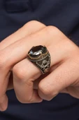 Ayyıldız Desenli SiyahTaşlı 925 Erkek Gümüş Yüzük thumbnail 1