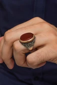 Oval Akik Taşlı 925 Erkek Gümüş Yüzük - 1