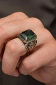 Yeşil Taşlı Dikdörgen 925 Erkek Gümüş Yüzük thumbnail 3