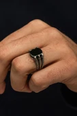 Siyah Oniks Taşlı Pençe Motif 925 Erkek Gümüş Yüzük - 5