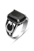 Siyah Taşlı Ayyıldız Motifli 925 Erkek Gümüş Yüzük thumbnail 2