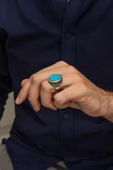 Oval Mavi Taşlı 925 Gümüş Erkek Yüzük - 4