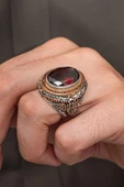 Oval Kırmızı Taşlı 925 Erkek Gümüş Yüzük - 1