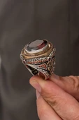 Oval Kırmızı Taşlı 925 Erkek Gümüş Yüzük - 4