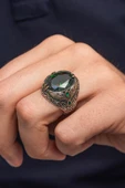 Oval Yeşil Taşlı Yaprak Desen 925 Erkek Gümüş Yüzük - 1