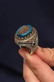 Oval Mavi Sıkma Kehribar Taşlı 925 Erkek Gümüş Yüzük - 3