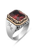 Kırmızı Kare Zirkon Taşlı Harfli 925 Erkek Gümüş Yüzük thumbnail 2
