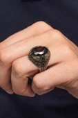 Oval Siyah Taşlı Yaprak Desen 925 Erkek Gümüş Yüzük thumbnail 5