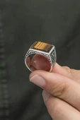 Kaplan Gözü Taşlı 925 Gümüş Erkek Yüzük thumbnail 5