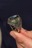 Oval Yeşil Taşlı Yaprak Desen 925 Erkek Gümüş Yüzük - 4