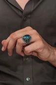 Oval Aqua Mavi Taşlı 925 Erkek Gümüş Yüzük thumbnail 3