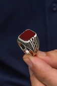 Grek Desenli Akik Taşlı 925 Gümüş Erkek Yüzük - 10
