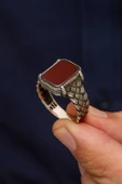 Kare Akik Taşlı Kazaz Örgü Motif 925 Gümüş Erkek Yüzük thumbnail 5