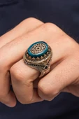 Oval Mavi Sıkma Kehribar Taşlı 925 Erkek Gümüş Yüzük - 1