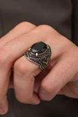 Siyah Zirkon Taşlı Oval 925 Erkek Gümüş Yüzük thumbnail 4