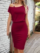 Kadın Kısa Kollu Tek Omuz Askı Ve Aksesuar Detay Beli Lastikli Krep Elbise thumbnail 3