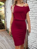 Kadın Kısa Kollu Tek Omuz Askı Ve Aksesuar Detay Beli Lastikli Krep Elbise thumbnail 1