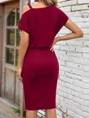 Kadın Kısa Kollu Tek Omuz Askı Ve Aksesuar Detay Beli Lastikli Krep Elbise thumbnail 2