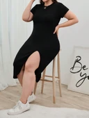 Kadın Büyük Beden Kısa Kollu Yanı Yırtmaçlı Bisiklet Yaka Viskon Elbise thumbnail 3