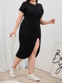 Kadın Büyük Beden Kısa Kollu Yanı Yırtmaçlı Bisiklet Yaka Viskon Elbise thumbnail 2