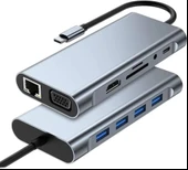 Plentiful TYPE-C Hub 11in1 USB C 5 Gbps Docking Station 4K HDMI,VGA,Type C PD,USB3.0,RJ45 Ethernet,SD/TF AUX Macbook Pc Uyumlu Adaptör Çoklayıcı Çevirici Dönüştürücü - 3