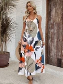 Kadın Ip Askılı Geniş V Yakalı Desenli Süprem Elbise thumbnail 6