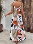 Kadın Ip Askılı Geniş V Yakalı Desenli Süprem Elbise thumbnail 3