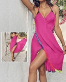 Kadın Askılı Derin V Yakalı çapraz Geçmeli Ponponlu Bürümcük Pareo thumbnail 5