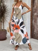 Kadın Ip Askılı Geniş V Yakalı Desenli Süprem Elbise thumbnail 4