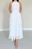 Beyaz Önü Büzgülü Fırfırlı Elbise thumbnail 4