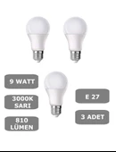 9W E27 Led Ampul 3000K Sıcak Sarı Işık (3 Adet) - 1