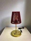 Lyris - Makrome Abajur, Mini Masa Lambası (Bordo Başlık, Gold Ayak) thumbnail 1