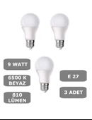 9W E27 Led Ampul 6500K Beyaz Işık (810 Lümen) (3 Adet) - 1