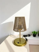 Lyris - Makrome Abajur, Mini Masa Lambası (Koyu Bej Başlık, Gold Ayak) - 1