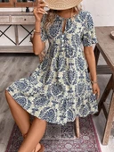 Kadın Kısa Kollu Yakadan Bağcıklı Desenli Fırfırlı Süprem Elbise thumbnail 4