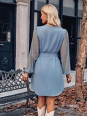 Kadın Uzun Kollu Yakadan Bağcıklı Belden Kuşaklı Ithal Krep Elbise thumbnail 2